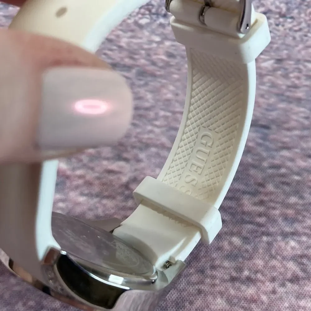 0016 Guess Wanderlust Silver Tone & Pastel Crystals w/White Silicone Strap READ